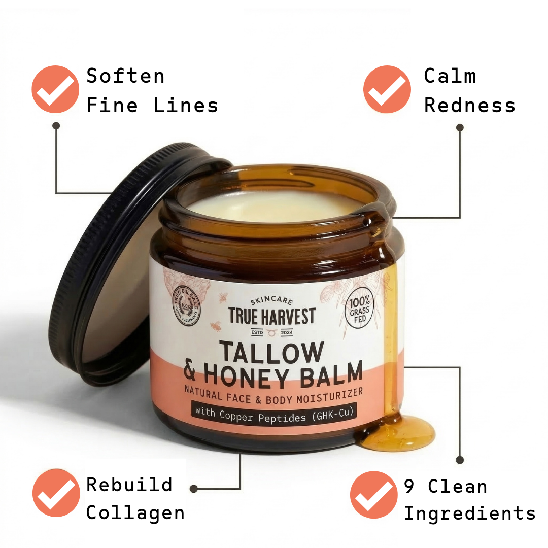 Jar of True Harvest Tallow & Honey Balm with benefits listed on a white background