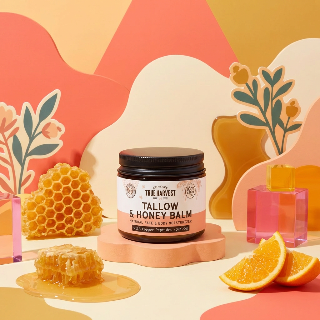 True Harvest Tallow & Honey Balm jar with honeycomb and oranges on a colorful background