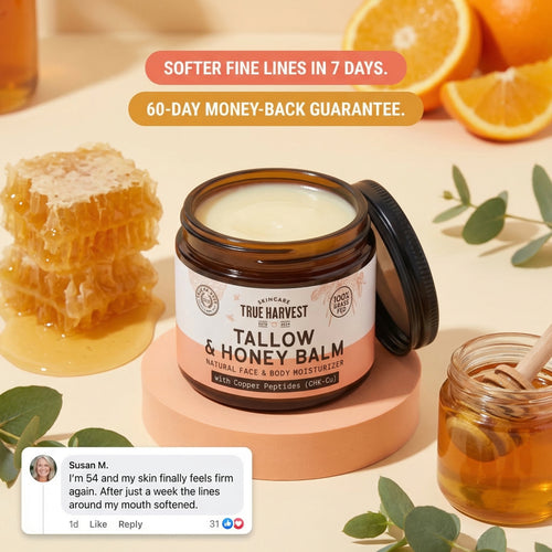 True Harvest Tallow & Honey Balm jar with honeycomb, oranges, and honey on a light background